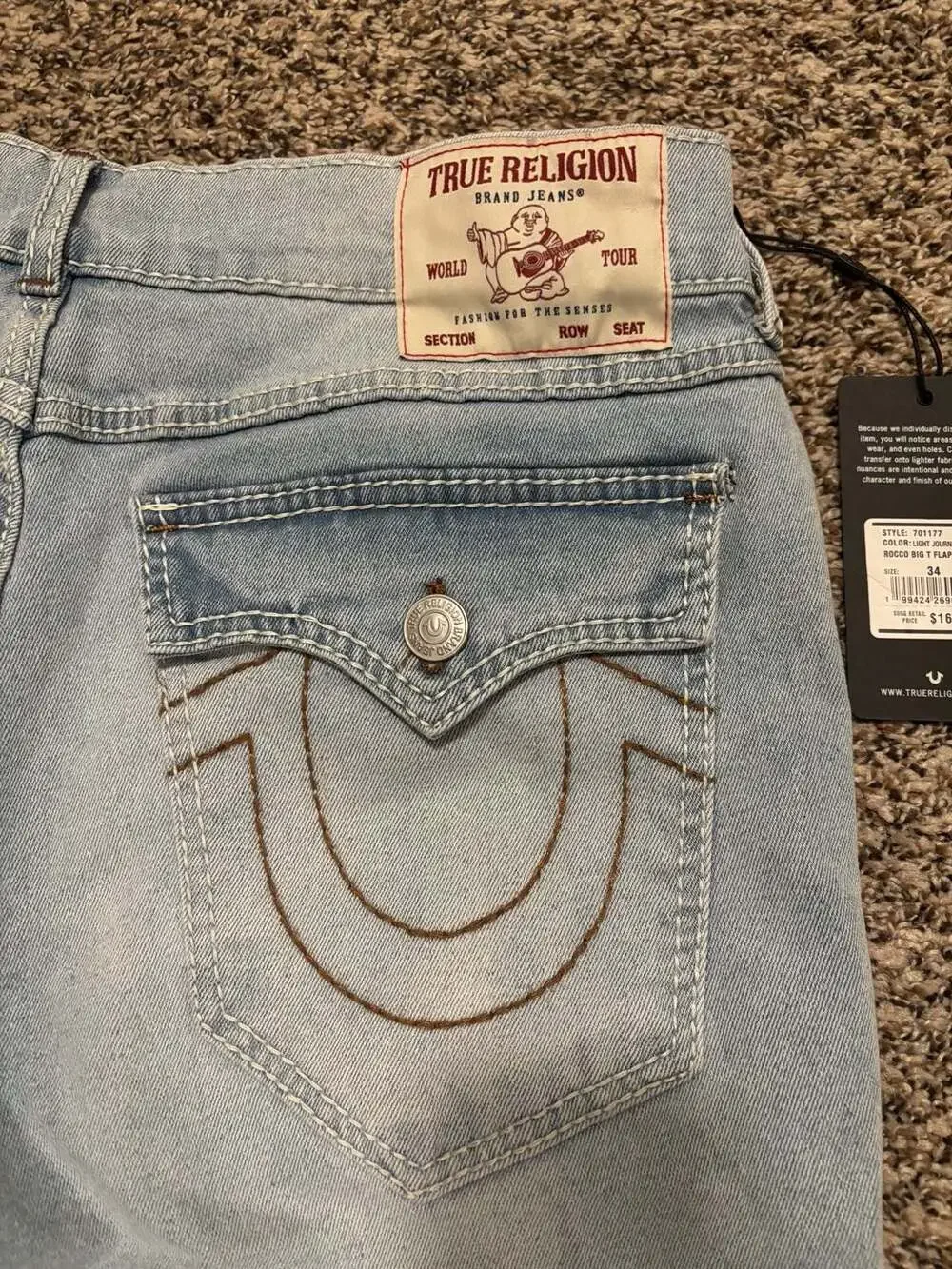 True Religion Rocco Big T Flap Denim Shorts Light Journey Wash Size 34 NWT